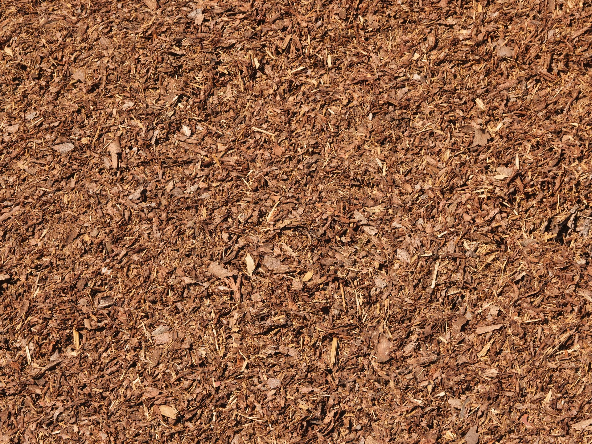 Close view of pulverised tree bark mulch used to prevent weed growth.